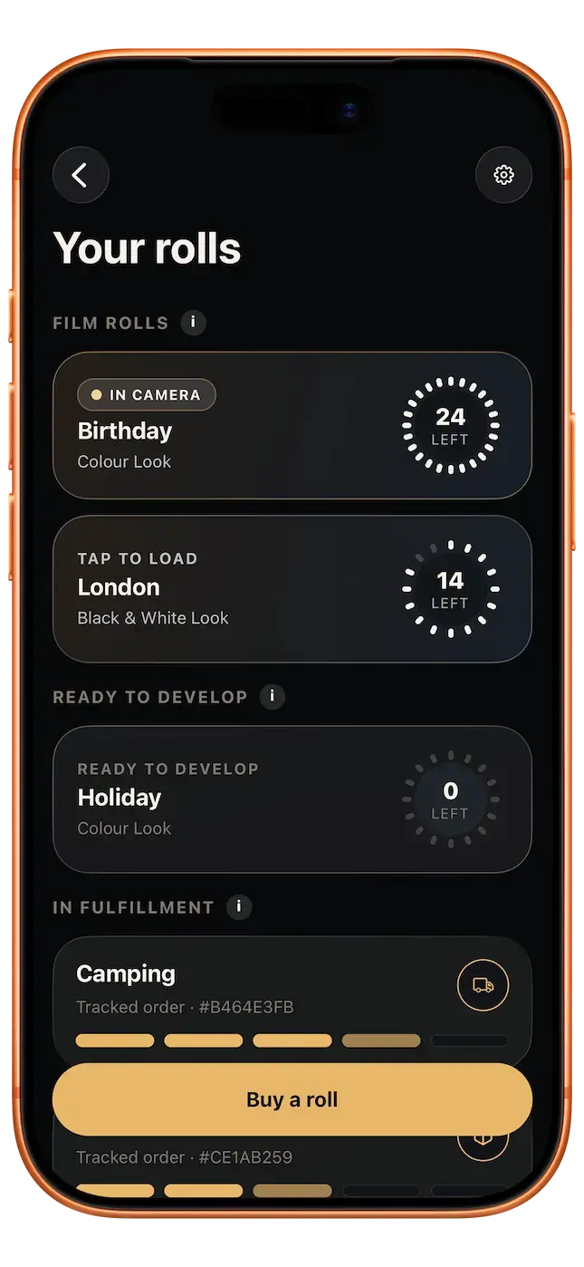 Fond app showing film rolls ready to develop